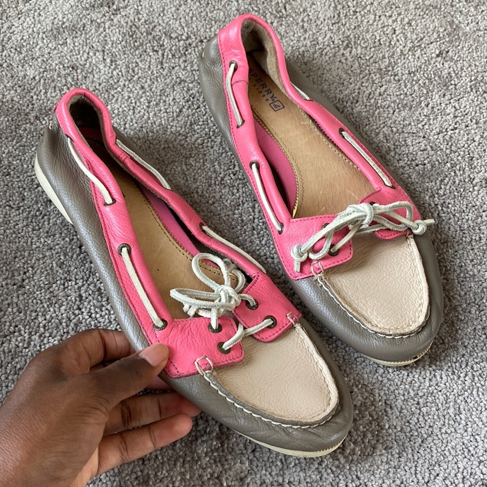 Sperry Top-Sider Leather Boat Shoes Pink Gray 2-Tone Loafers SIZE 9.5
